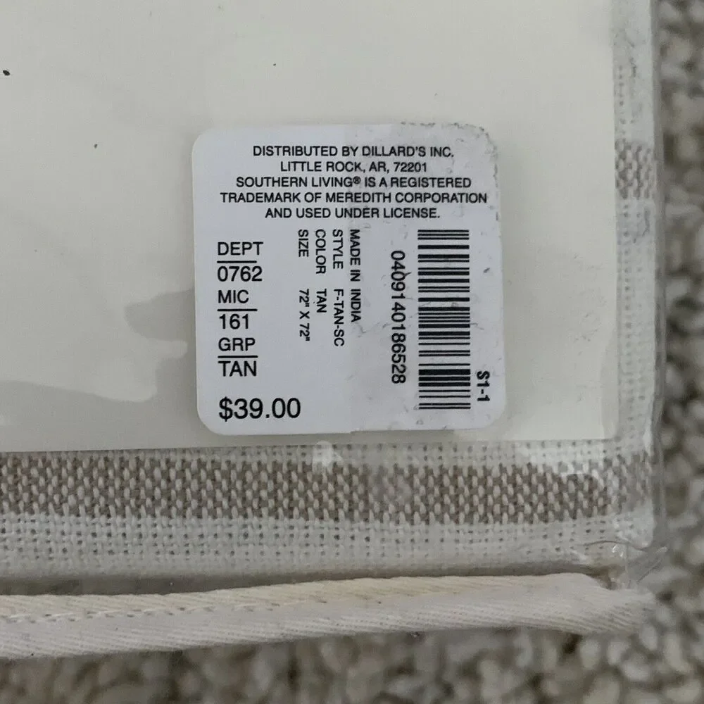 Southern Living Shower Curtain TANNER Tan 72x72 100% Cotton NEW